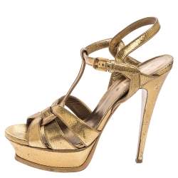 Pre Owned Saint Laurent Gold Textured Leather Tribute Platform Sandals Size 39