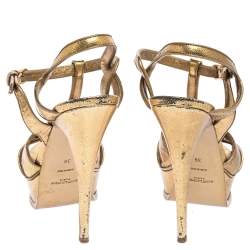 Pre Owned Saint Laurent Gold Textured Leather Tribute Platform Sandals Size 39