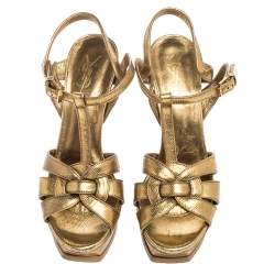 Pre Owned Saint Laurent Gold Textured Leather Tribute Platform Sandals Size 39