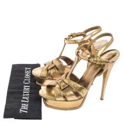 Pre Owned Saint Laurent Gold Textured Leather Tribute Platform Sandals Size 39
