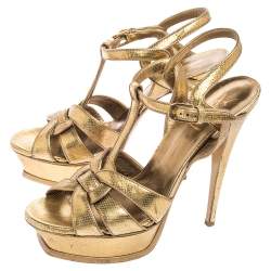 Pre Owned Saint Laurent Gold Textured Leather Tribute Platform Sandals Size 39