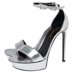 Pre Owned Saint Laurent Silver Snakeskin Embossed Leather Platform Ankle Strap Sandals Size 38.5
