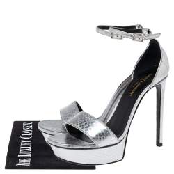 Pre Owned Saint Laurent Silver Snakeskin Embossed Leather Platform Ankle Strap Sandals Size 38.5