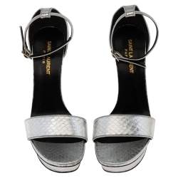 Pre Owned Saint Laurent Silver Snakeskin Embossed Leather Platform Ankle Strap Sandals Size 38.5