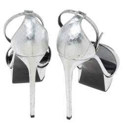 Pre Owned Saint Laurent Silver Snakeskin Embossed Leather Platform Ankle Strap Sandals Size 38.5