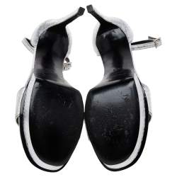 Pre Owned Saint Laurent Silver Snakeskin Embossed Leather Platform Ankle Strap Sandals Size 38.5