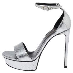 Pre Owned Saint Laurent Silver Snakeskin Embossed Leather Platform Ankle Strap Sandals Size 38.5