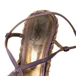 Pre Owned Saint Laurent Metallic Gold/Violet Leather And Satin Espadrille Wedge Sandals Size 39