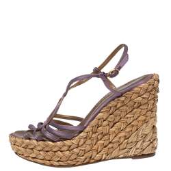 Pre Owned Saint Laurent Metallic Gold/Violet Leather And Satin Espadrille Wedge Sandals Size 39
