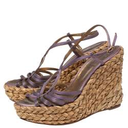 Pre Owned Saint Laurent Metallic Gold/Violet Leather And Satin Espadrille Wedge Sandals Size 39