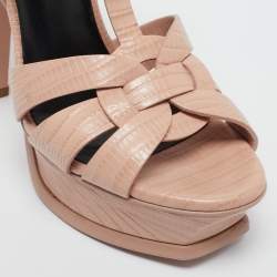 مملوكة مسبقًا صندل سان لوران تريبوت جلد نقشة التمساح بيج نعل سميك مقاس 36