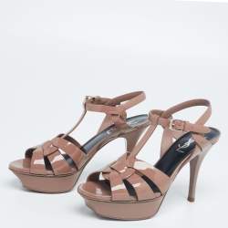 Pre Owned Saint Laurent Brown Patent Leather Tribute Platform Sandals Size 36
