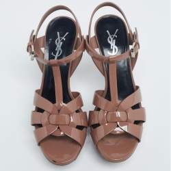 Pre Owned Saint Laurent Brown Patent Leather Tribute Platform Sandals Size 36