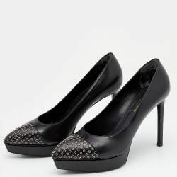 Saint Laurent Black Leather Janis Studded Pointed Toe Pumps Size 38