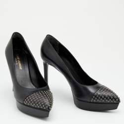 Saint Laurent Black Leather Janis Studded Pointed Toe Pumps Size 38