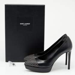 Saint Laurent Black Leather Janis Studded Pointed Toe Pumps Size 38