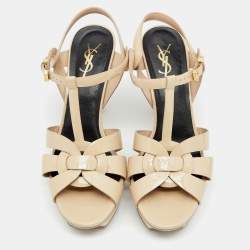 Saint Laurent Beige Patent Leather Tribute Platform Sandals Size 40