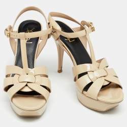 Saint Laurent Beige Patent Leather Tribute Platform Sandals Size 40