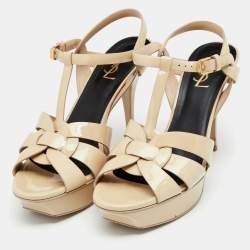 Saint Laurent Beige Patent Leather Tribute Platform Sandals Size 40