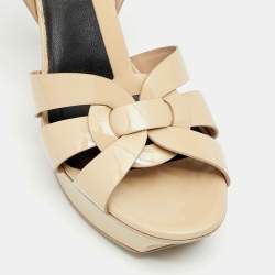 Saint Laurent Beige Patent Leather Tribute Platform Sandals Size 40
