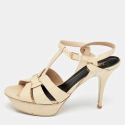 Saint Laurent Beige Patent Leather Tribute Platform Sandals Size 40