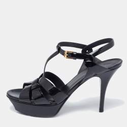 Pre Owned Saint Laurent Black Patent Leather Tribute Platform Ankle Strap Sandals Size 40