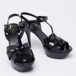 Pre Owned Saint Laurent Black Patent Leather Tribute Platform Ankle Strap Sandals Size 40
