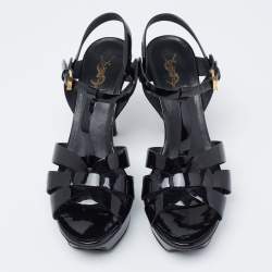 Pre Owned Saint Laurent Black Patent Leather Tribute Platform Ankle Strap Sandals Size 40