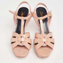 Pre Owned Saint Laurent Nude Patent Leather Tribute Platform Sandals Size 40
