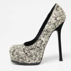 Pre Owned Saint Laurent  Cream/Black Calf Hair Tribtoo Platform Pumps Size 38.5