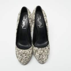Pre Owned Saint Laurent  Cream/Black Calf Hair Tribtoo Platform Pumps Size 38.5