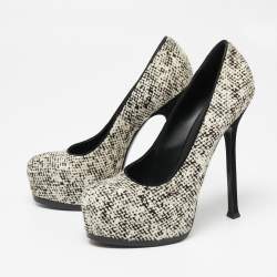Pre Owned Saint Laurent  Cream/Black Calf Hair Tribtoo Platform Pumps Size 38.5