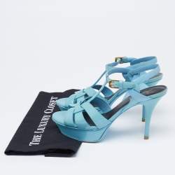 Pre Owned Saint Laurent Blue Patent Leather Tribute Platform Sandals Size 37.5