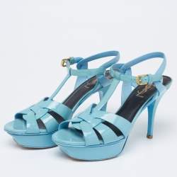 Pre Owned Saint Laurent Blue Patent Leather Tribute Platform Sandals Size 37.5