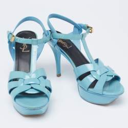 Pre Owned Saint Laurent Blue Patent Leather Tribute Platform Sandals Size 37.5