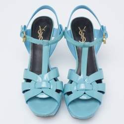 Pre Owned Saint Laurent Blue Patent Leather Tribute Platform Sandals Size 37.5