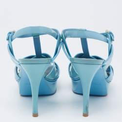 Pre Owned Saint Laurent Blue Patent Leather Tribute Platform Sandals Size 37.5
