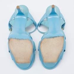 Pre Owned Saint Laurent Blue Patent Leather Tribute Platform Sandals Size 37.5