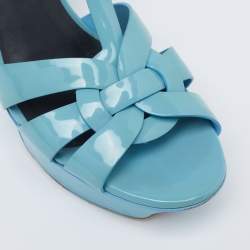 Pre Owned Saint Laurent Blue Patent Leather Tribute Platform Sandals Size 37.5