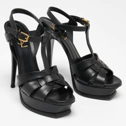 Pre Owned Saint Laurent Black Leather Tribute Platform Sandals Size 38