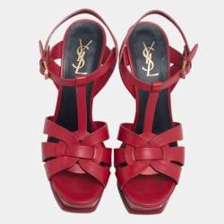 Pre Owned Saint Laurent Red Leather Tribute Platform Sandals Size 40
