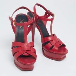 Pre Owned Saint Laurent Red Leather Tribute Platform Sandals Size 40