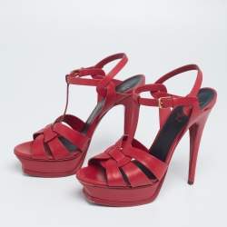 Pre Owned Saint Laurent Red Leather Tribute Platform Sandals Size 40