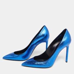 Pre Owned Saint Laurent Blue Leather Pointed Toe Pumps Size 39