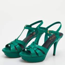 Pre Owned Saint Laurent Green Leather Tribute Platform Sandals Size 37.5