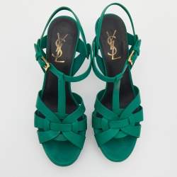 Pre Owned Saint Laurent Green Leather Tribute Platform Sandals Size 37.5