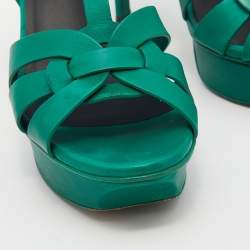 Pre Owned Saint Laurent Green Leather Tribute Platform Sandals Size 37.5