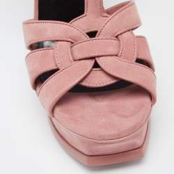 مملوكة مسبقًا صندل سان لوران تريبوت سويدي وردي بحزام للكاحل كعب سميك مقاس 36.5