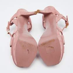 مملوكة مسبقًا صندل سان لوران تريبوت سويدي وردي بحزام للكاحل كعب سميك مقاس 36.5