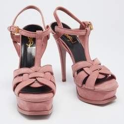 مملوكة مسبقًا صندل سان لوران تريبوت سويدي وردي بحزام للكاحل كعب سميك مقاس 36.5